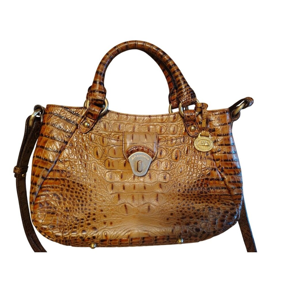 Brahmin Crocodile Embossed Leather Purse Brown Croc Turn Lock Double Handle READ